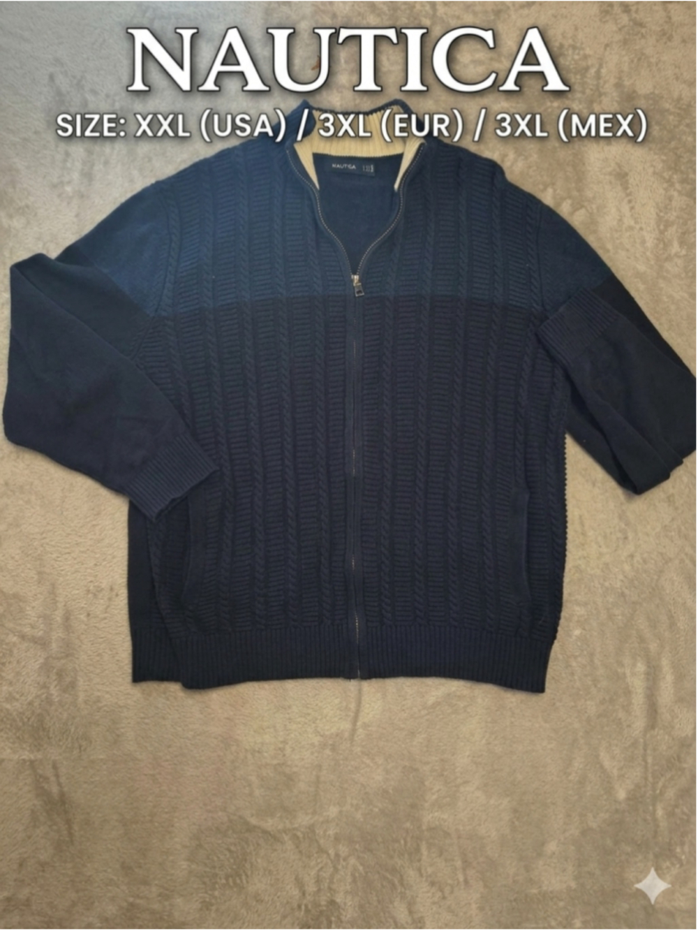 Nautica Men's Full Zip Cable Knit Cardigan Sweater Navy Blue Mock Neck Size XXL
